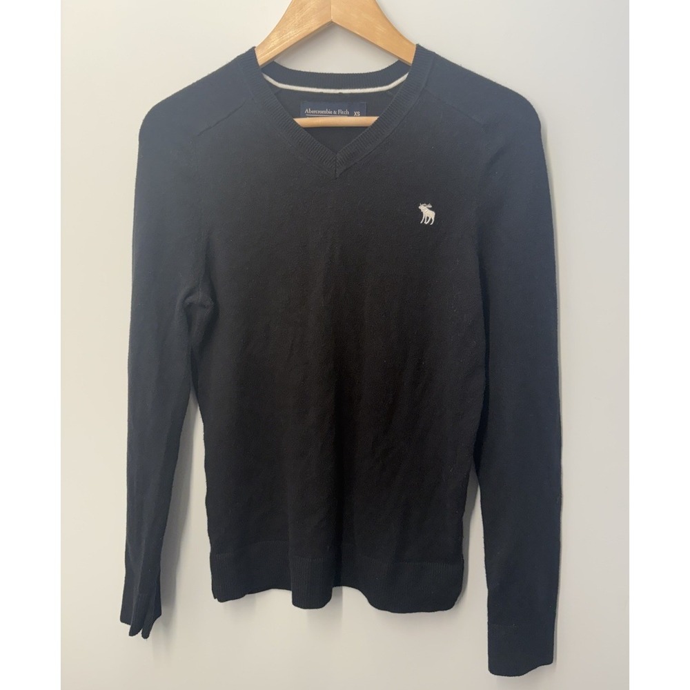 Abercrombie & Fitch Black Cotton V-neck Sweater Size XS Soft A&F Sweater Logo